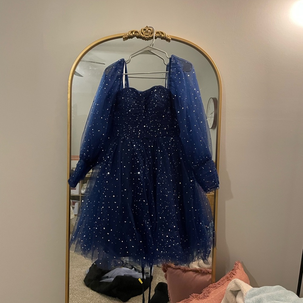 Navy blue tulle dress with stars and moons